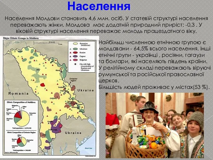 Населення Населення Молдови становить 4,6 млн. осіб. У статевій структурі населення