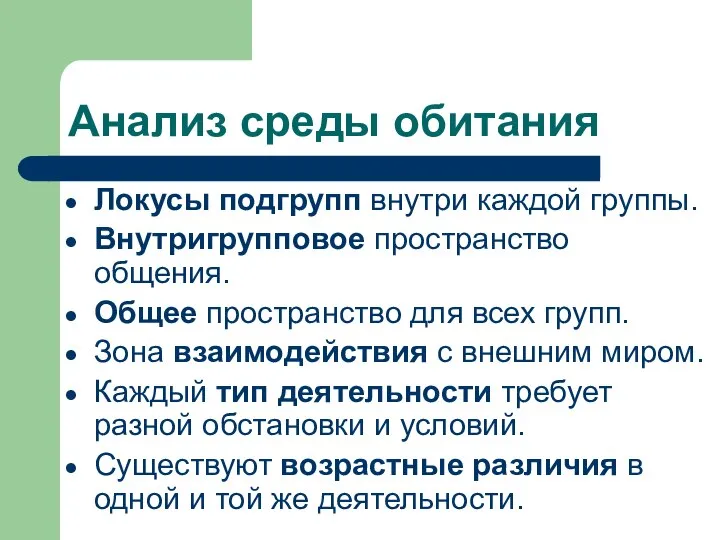 Анализ среды обитания Локусы подгрупп внутри каждой группы. Внутригрупповое пространство общения.