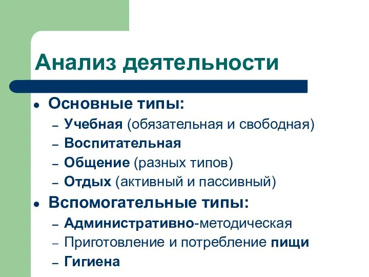 Анализ деятельности Основные типы: Учебная (обязательная и свободная) Воспитательная Общение (разных