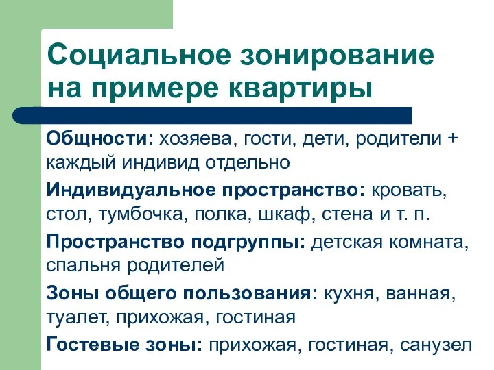 Социальное зонирование на примере квартиры Общности: хозяева, гости, дети, родители +