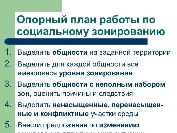 Опорный план работы по социальному зонированию Выделить общности на заданной территории