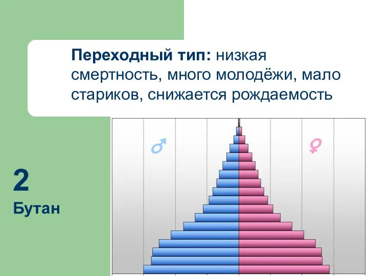 Переходный тип: низкая смертность, много молодёжи, мало стариков, снижается рождаемость 2 Бутан