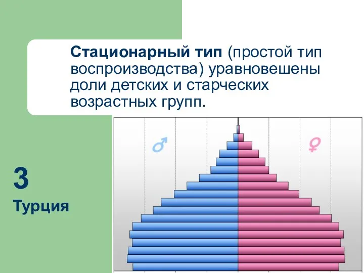 Стационарный тип (простой тип воспроизводства) уравновешены доли детских и старческих возрастных групп. 3 Турция