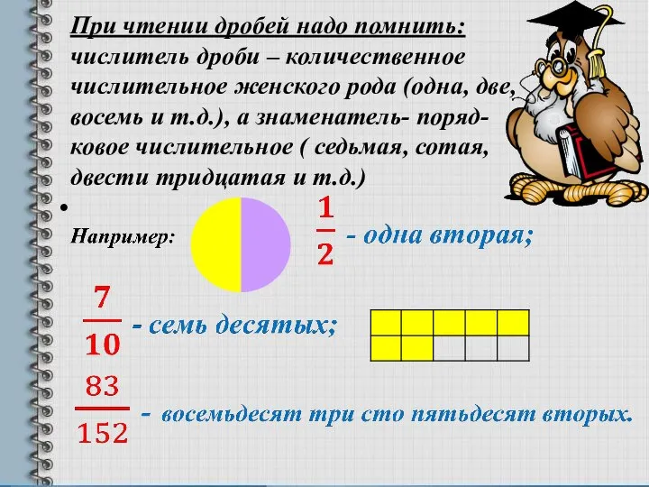 При чтении дробей надо помнить: числитель дроби – количественное числительное женского