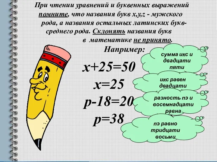 При чтении уравнений и буквенных выражений помните, что названия букв х,у,z