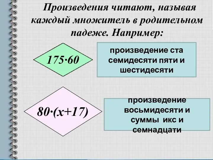 Произведения читают, называя каждый множитель в родительном падеже. Например: произведение ста