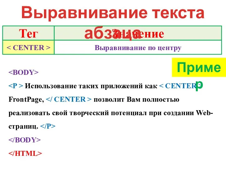 Тег Значение Выравнивание по центру Выравнивание текста абзаца Использование таких приложений