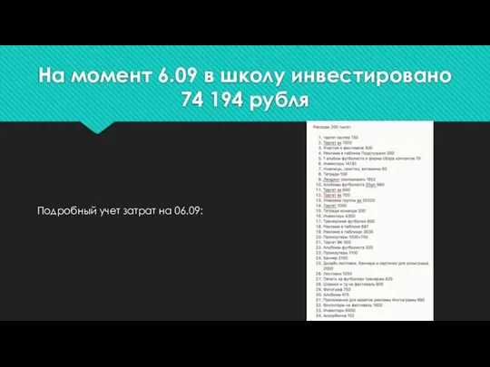 На момент 6.09 в школу инвестировано 74 194 рубля Подробный учет затрат на 06.09: