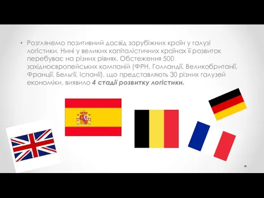 Розглянемо позитивний досвід зарубіжних країн у галузі логістики. Нині у великих