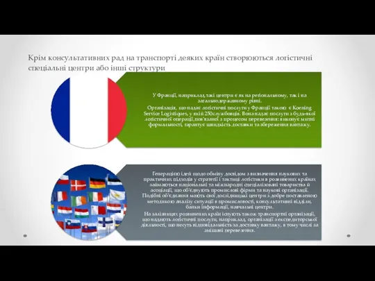 Крім консультативних рад на транспорті деяких країн створюються логістичні спеціальні центри або інші структури