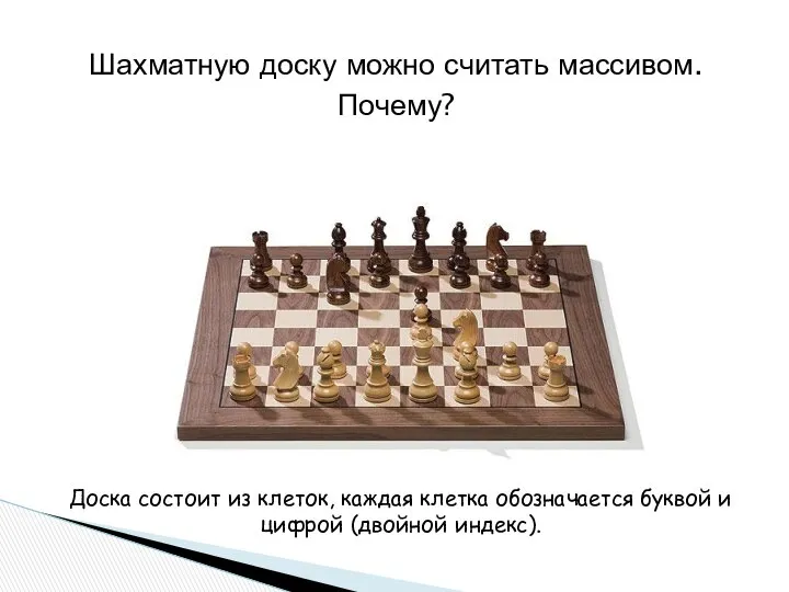 Шахматную доску можно считать массивом. Почему? Доска состоит из клеток, каждая