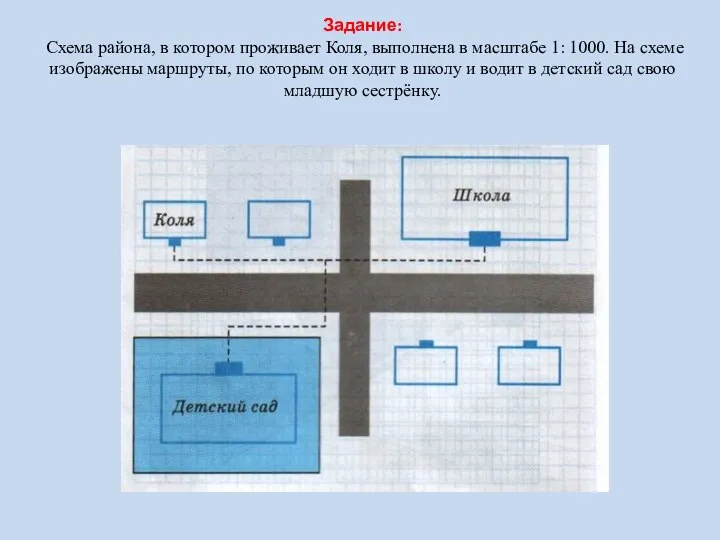 Задание: Схема района, в котором проживает Коля, выполнена в масштабе 1: