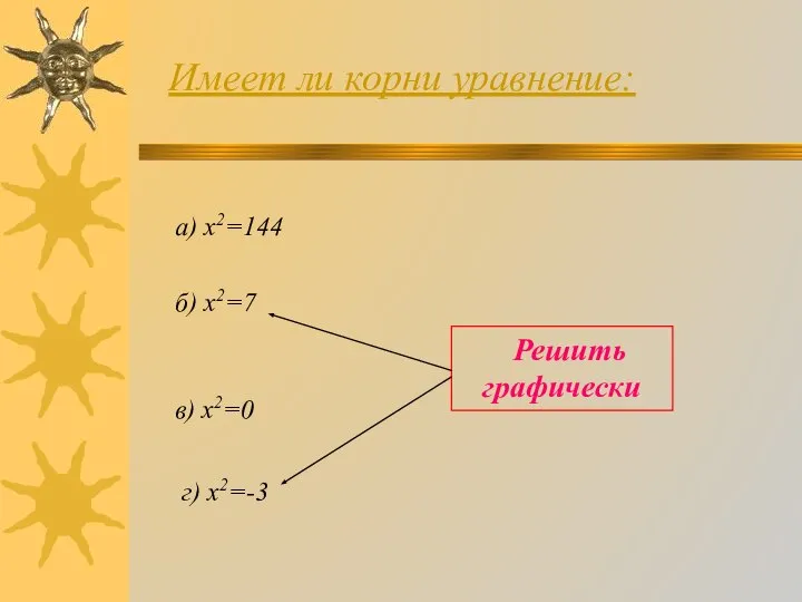 Имеет ли корни уравнение: а) х2=144 б) х2=7 в) х2=0 г) х2=-3 Решить графически