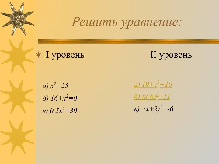 Решить уравнение: I уровень II уровень а) х2=25 б) 16+х2=0 в)