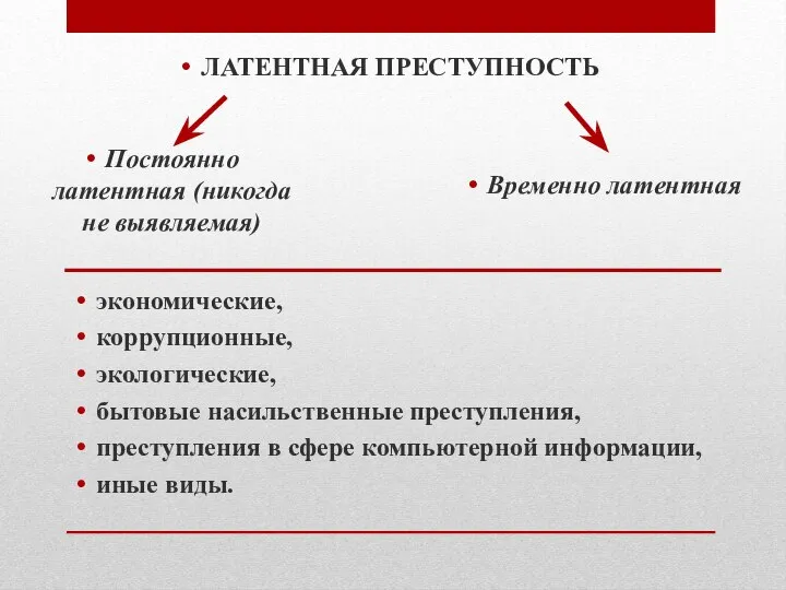 ЛАТЕНТНАЯ ПРЕСТУПНОСТЬ Постоянно латентная (никогда не выявляемая) Временно латентная экономические, коррупционные,