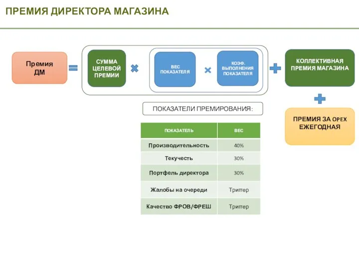 ПРЕМИЯ ДИРЕКТОРА МАГАЗИНА Премия ДМ СУММА ЦЕЛЕВОЙ ПРЕМИИ КОЛЛЕКТИВНАЯ ПРЕМИЯ МАГАЗИНА