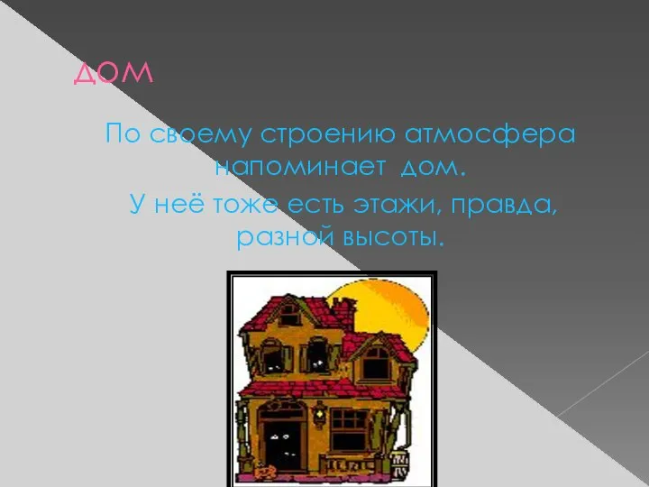 дом По своему строению атмосфера напоминает дом. У неё тоже есть этажи, правда, разной высоты.