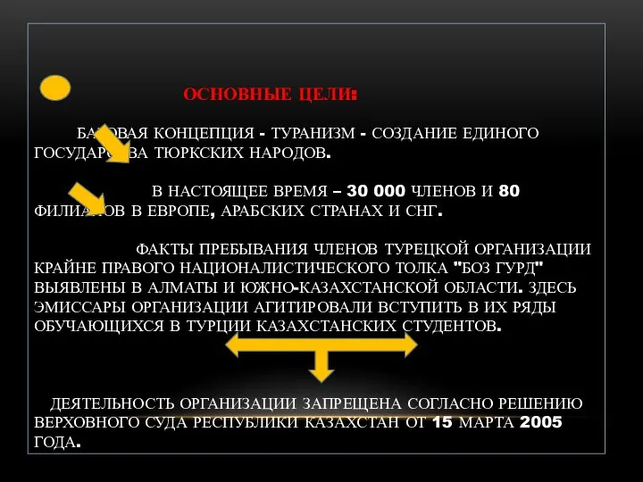 ОСНОВНЫЕ ЦЕЛИ: БАЗОВАЯ КОНЦЕПЦИЯ - ТУРАНИЗМ - СОЗДАНИЕ ЕДИНОГО ГОСУДАРСТВА ТЮРКСКИХ