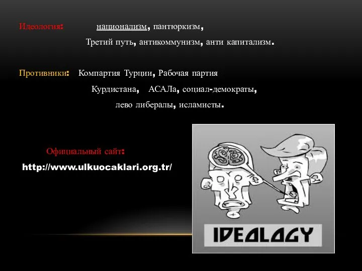 Идеология: национализм, пантюркизм, Третий путь, антикоммунизм, анти капитализм. Противники: Компартия Турции,