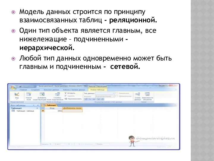 Модель данных строится по принципу взаимосвязанных таблиц - реляционной. Один тип