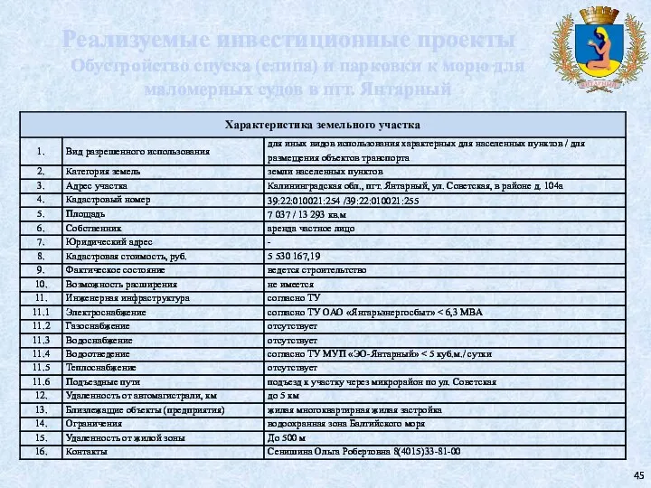 Реализуемые инвестиционные проекты Обустройство спуска (слипа) и парковки к морю для маломерных судов в пгт. Янтарный