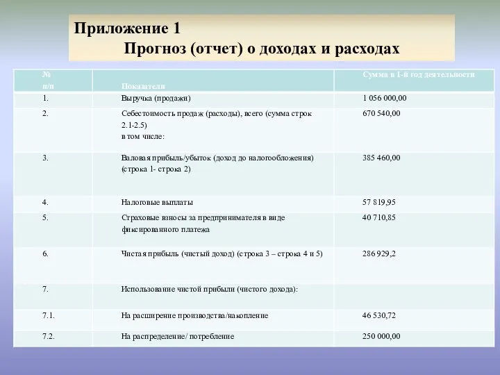 Приложение 1 Прогноз (отчет) о доходах и расходах