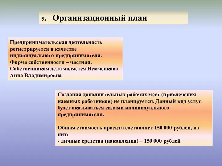 5. Организационный план Предпринимательская деятельность регистрируется в качестве индивидуального предпринимателя. Форма