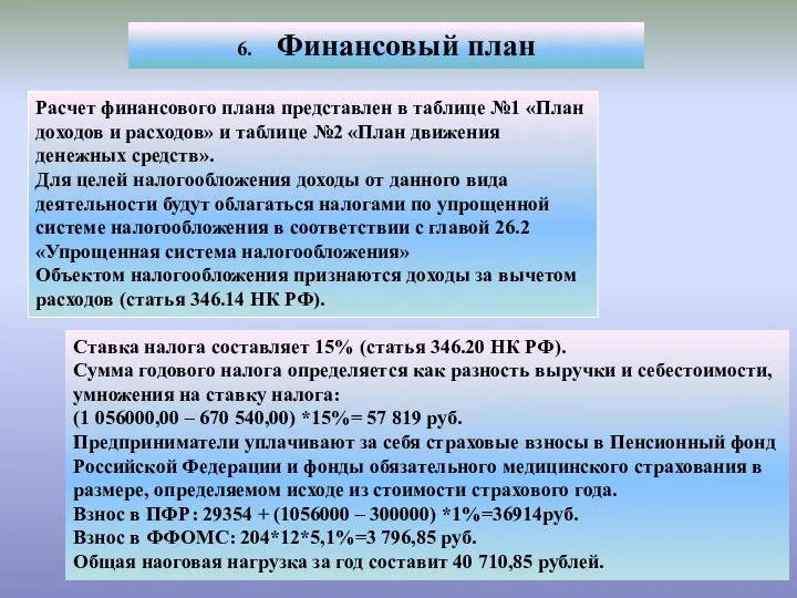 6. Финансовый план Расчет финансового плана представлен в таблице №1 «План