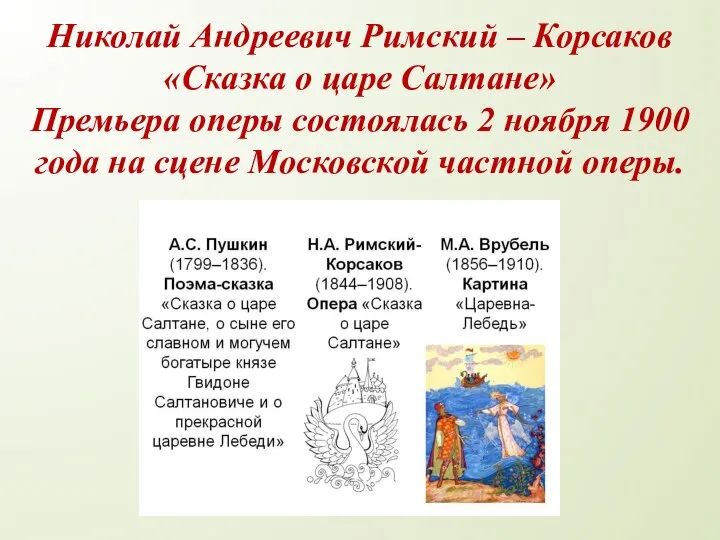 Николай Андреевич Римский – Корсаков «Сказка о царе Салтане» Премьера оперы