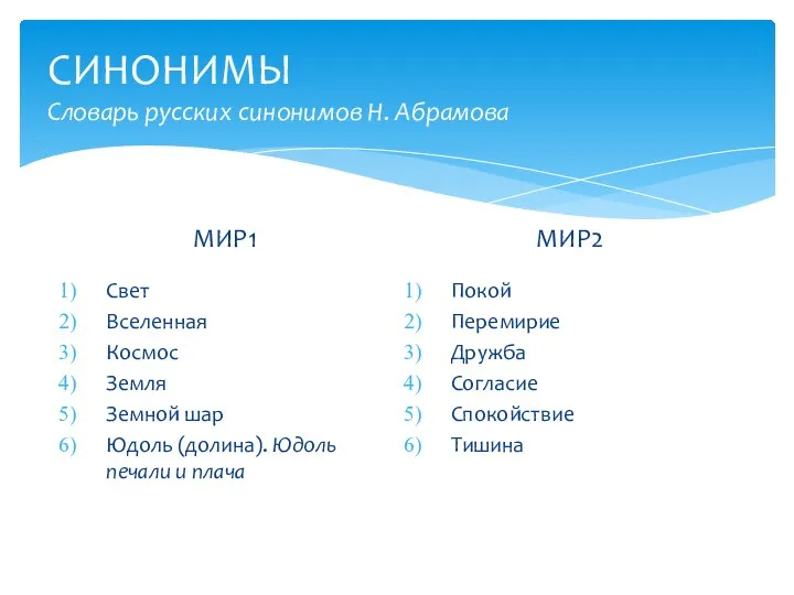СИНОНИМЫ Словарь русских синонимов Н. Абрамова МИР1 Свет Вселенная Космос Земля