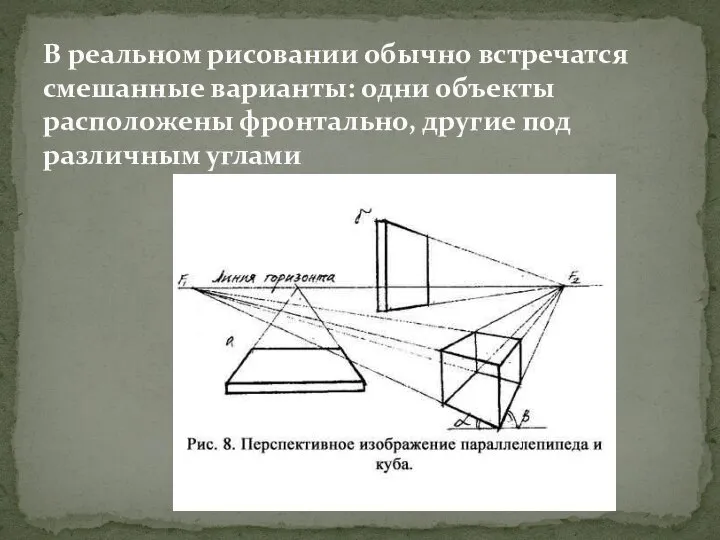 В реальном рисовании обычно встречатся смешанные варианты: одни объекты расположены фронтально, другие под различным углами