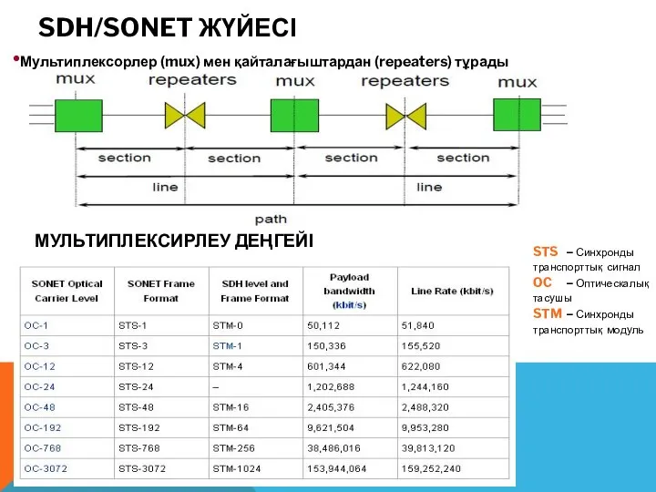 SDH/SONET ЖҮЙЕСІ Мультиплексорлер (mux) мен қайталағыштардан (repeaters) тұрады МУЛЬТИПЛЕКСИРЛЕУ ДЕҢГЕЙІ STS