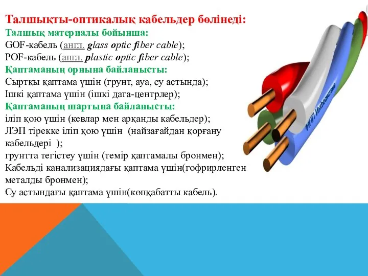 Талшықты-оптикалық кабельдер бөлінеді: Талшық материалы бойынша: GOF-кабель (англ. glass optic fiber