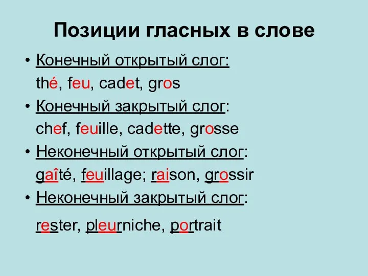 Позиции гласных в слове Конечный открытый слог: thé, feu, cadet, gros