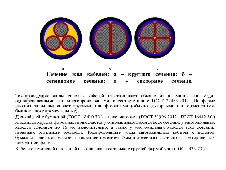 Сечение жил кабелей: а – круглого сечения; б – сегментное сечение;