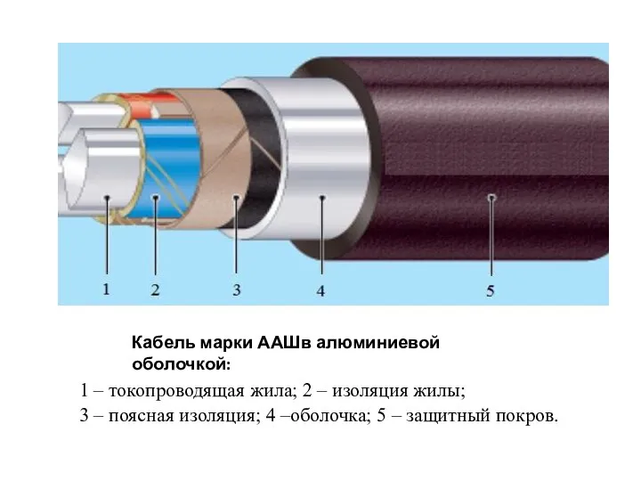 Кабель марки ААШв алюминиевой оболочкой: 1 – токопроводящая жила; 2 –