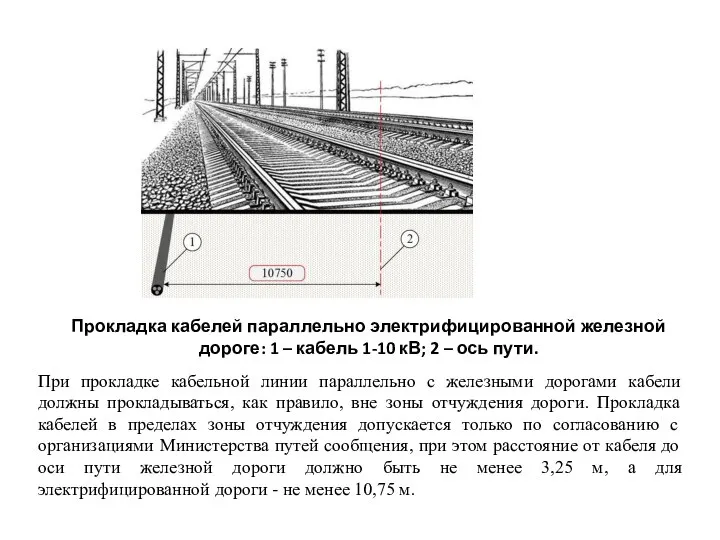Прокладка кабелей параллельно электрифицированной железной дороге: 1 – кабель 1-10 кВ;