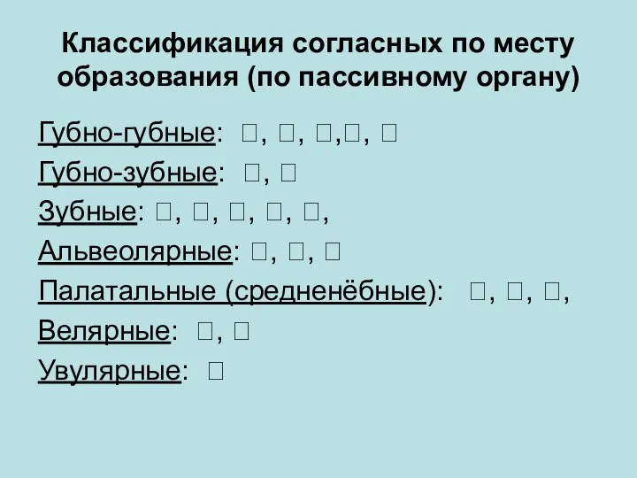 Классификация согласных по месту образования (по пассивному органу) Губно-губные: , ,