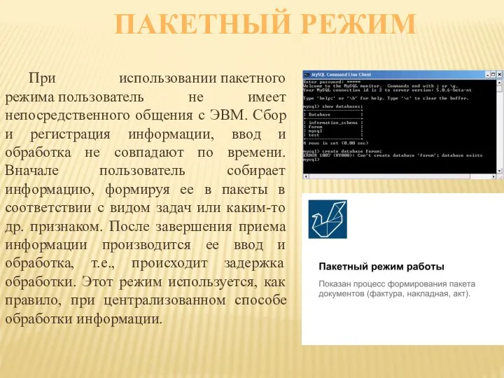 ПАКЕТНЫЙ РЕЖИМ При использовании пакетного режима пользователь не имеет непосредственного общения