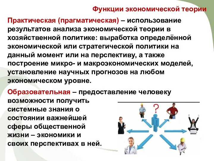 Функции экономической теории Практическая (прагматическая) – использование результатов анализа экономической теории