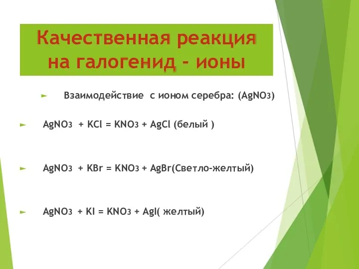 Качественная реакция на галогенид - ионы Взаимодействие с ионом серебра: (AgNO3)