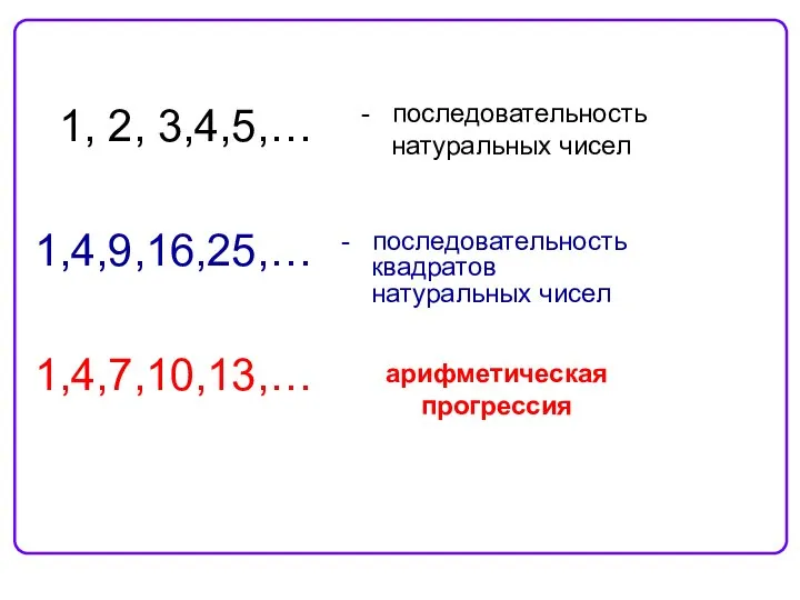 1, 2, 3,4,5,… 1,4,9,16,25,… 1,4,7,10,13,… - последовательность натуральных чисел - последовательность квадратов натуральных чисел арифметическая прогрессия