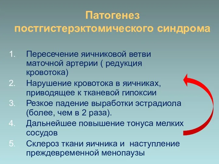 Патогенез постгистерэктомического синдрома Пересечение яичниковой ветви маточной артерии ( редукция кровотока)