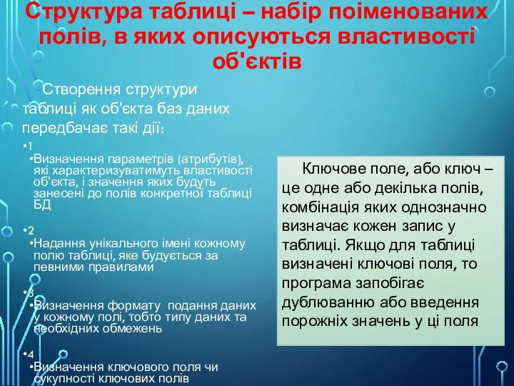 Структура таблиці – набір поіменованих полів, в яких описуються властивості об'єктів