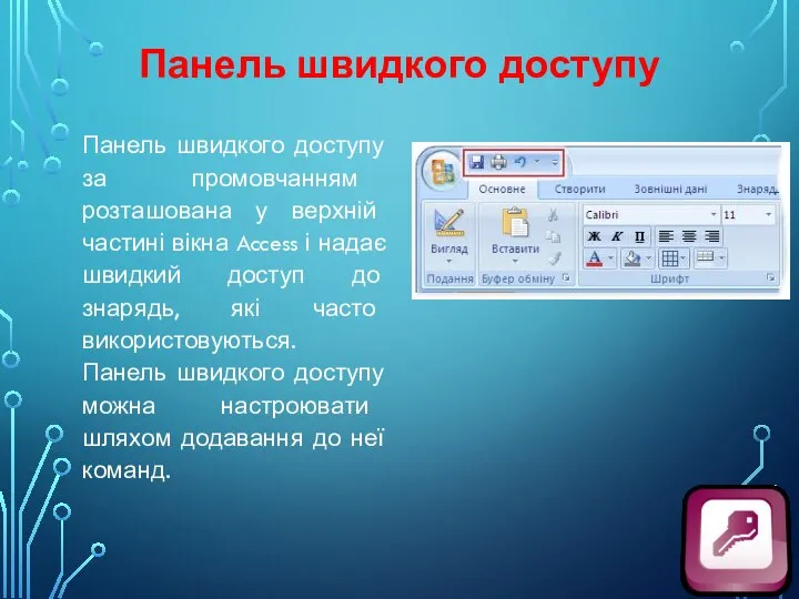 Панель швидкого доступу Панель швидкого доступу за промовчанням розташована у верхній