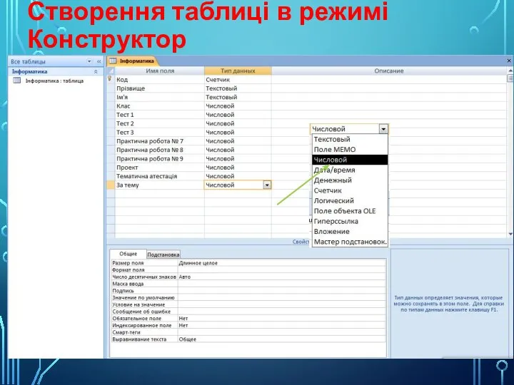 Створення таблиці в режимі Конструктор