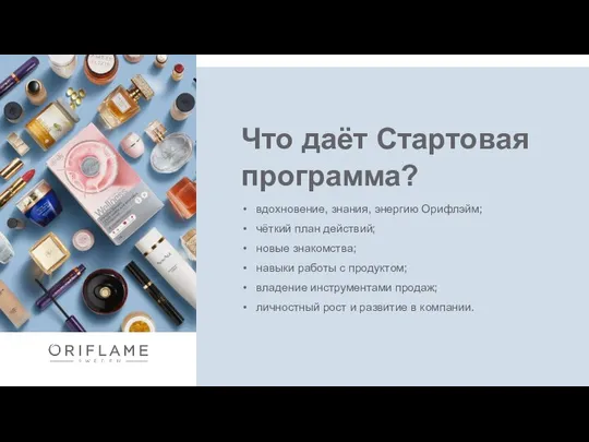 Что даёт Стартовая программа? вдохновение, знания, энергию Орифлэйм; чёткий план действий;