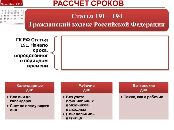 РАССЧЕТ СРОКОВ Статья 191 – 194 Гражданский кодекс Российской Федерации