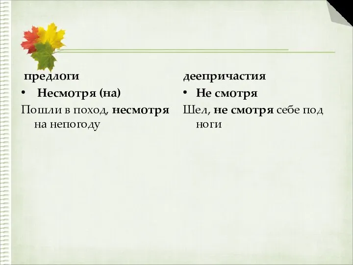 предлоги Несмотря (на) Пошли в поход, несмотря на непогоду деепричастия Не