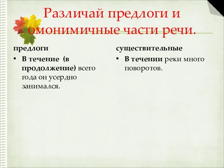 Различай предлоги и омонимичные части речи. предлоги В течение (в продолжение)